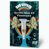 Bud Voyage graphic design: Gorilla Glue #4 feminized cannabis seeds in a test tube against a rainbow and turquoise wave background with detailed inflorescences and three seeds