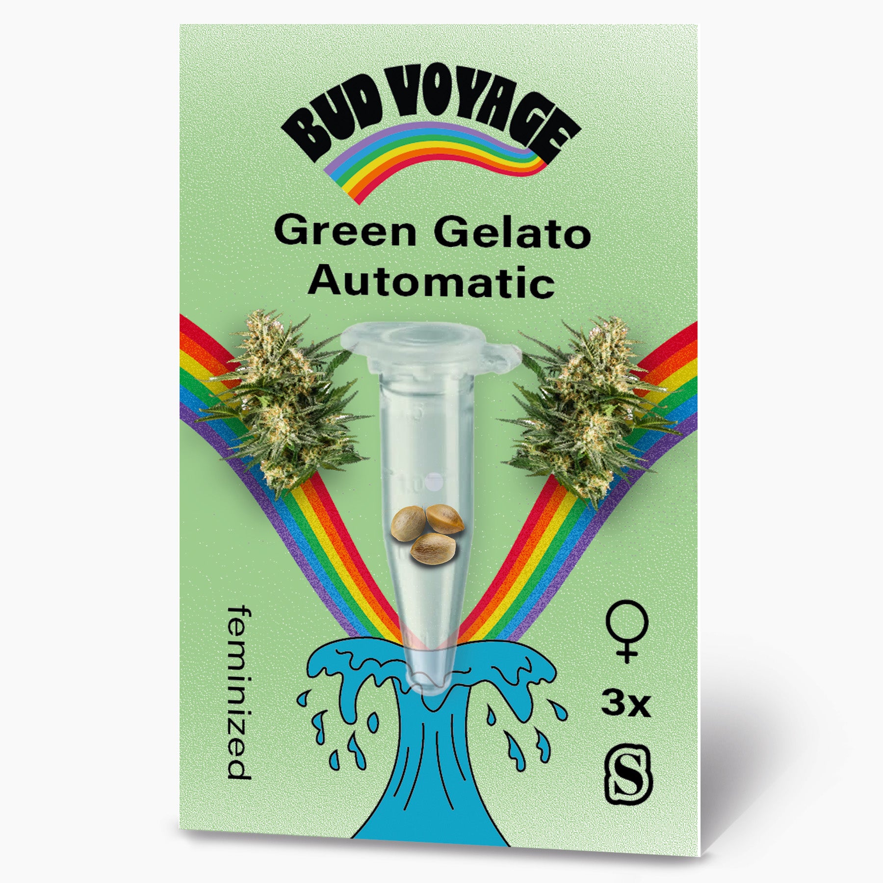 Bud Voyage seed packet: Illustration of Green Gelato Automatic cannabis seeds in a test tube, surrounded by rainbow and maritime elements, showing three feminized seeds in light brown color and bright turquoise water
