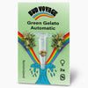 Bud Voyage seed packet: Illustration of Green Gelato Automatic cannabis seeds in a test tube, surrounded by rainbow and maritime elements, showing three feminized seeds in light brown color and bright turquoise water
