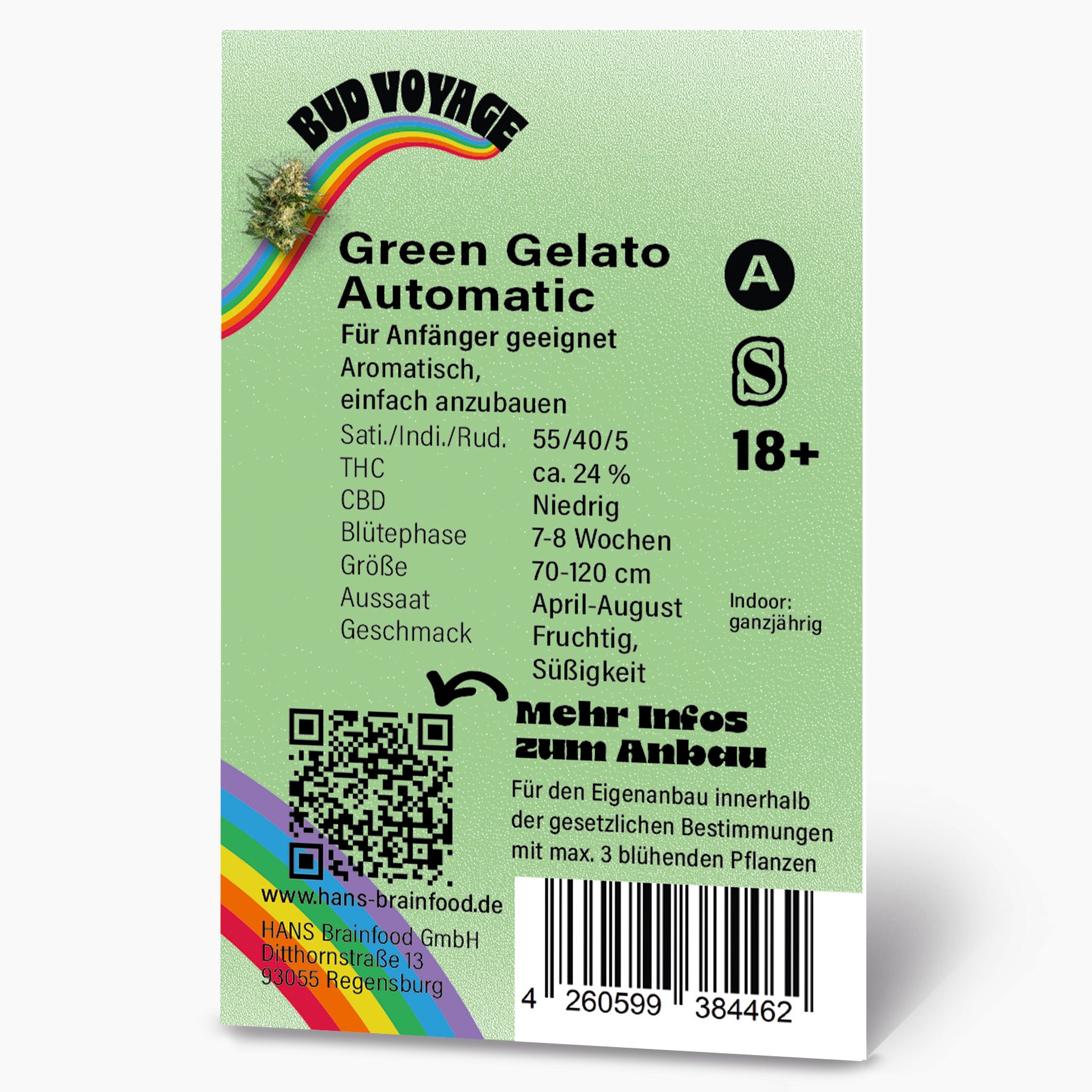 Bud Voyage Green Gelato Automatic hemp seed pack with rainbow, QR code and detailed growing instructions, fruity flavor and 7-8 weeks flowering time
