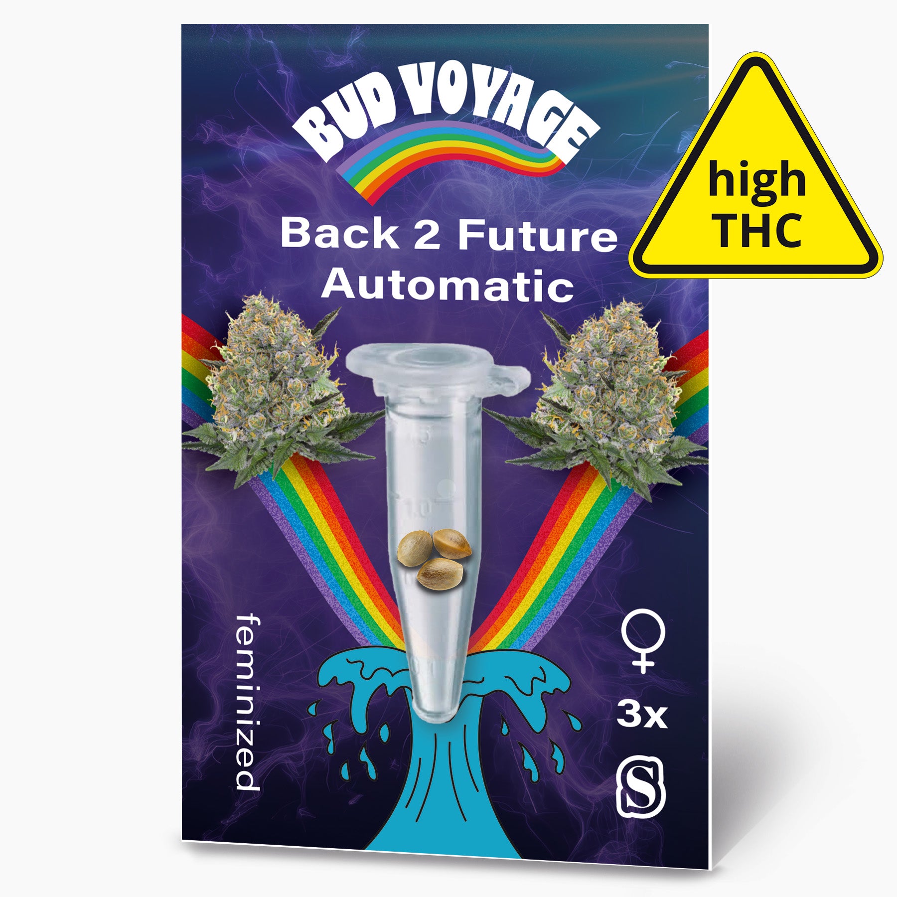 Bud Voyage, Back 2 Future Automatic seed packet shows marijuana flowers, a test tube with seeds, and a rainbow on a purple background with turquoise waves and three feminized seeds
