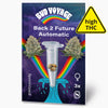 Bud Voyage, Back 2 Future Automatic seed packet shows marijuana flowers, a test tube with seeds, and a rainbow on a purple background with turquoise waves and three feminized seeds