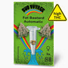 Bud Voyage seed bag:  Graphic shows marijuana flowers, three seeds in a glass tube, a rainbow and a green lawn, high THC concentration
