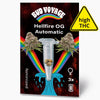 Bud Voyage Hellfire OG Automatic feminized cannabis seeds package showing three seeds in a microtube against a vibrant rainbow and dark background with a high THC warning label
