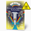 Bud Voyage Moonshine Cookies Automatic feminized cannabis seeds package art depicting vibrant rainbow, test tube with seeds, and stylized wave featuring purple buds and a high THC warning
