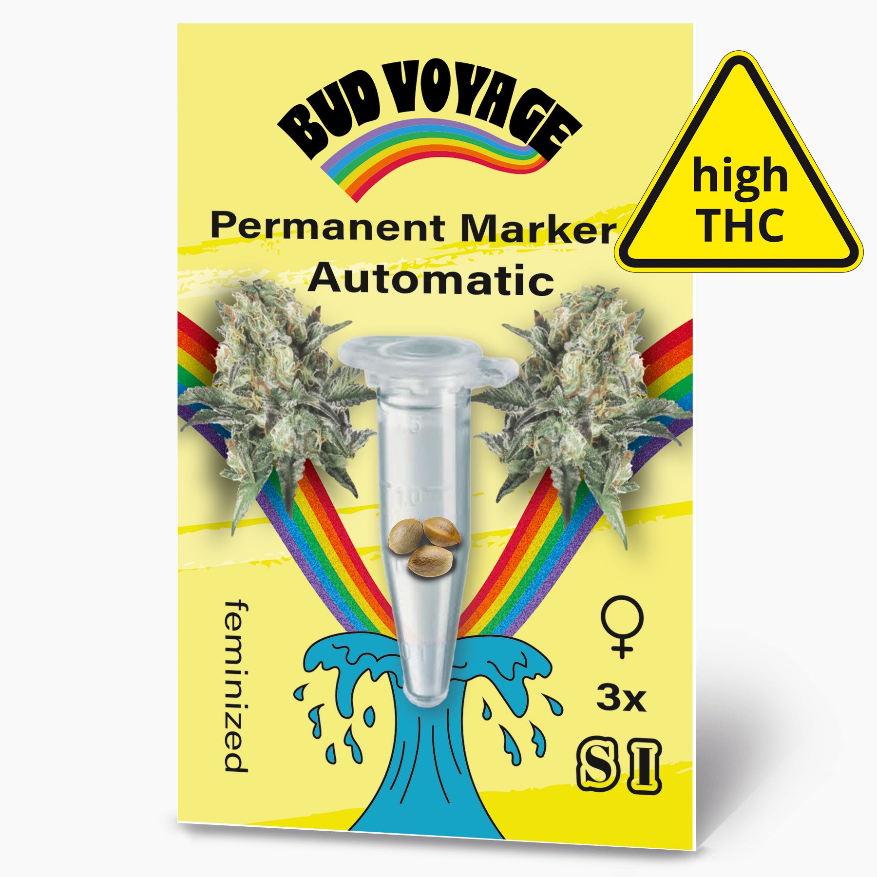 Bud Voyage brand product: Illustration of marijuana seeds in a test tube, surrounded by rainbow and a stylized wave, with eye-catching green cannabis flowers and three feminized seeds