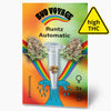 Bud Voyage seed bags: Runtz Automatic cannabis seeds, three feminized seeds in a test tube, in front of a rainbow and a blue wave of marijuana flowers