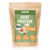 Han's organic hemp protein packaging features a smoothie and muesli with berries and bananas as well as green powder and high-quality nutrients such as magnesium
