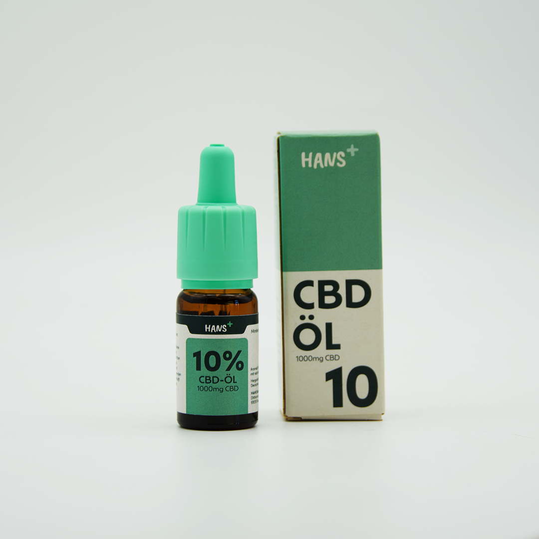 Hans+ product photo shows 10% CBD oil in a brown glass bottle with a mint green dropper and accompanying packaging with the same color scheme and clear product information on a white background
