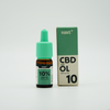 Hans+ product photo shows 10% CBD oil in a brown glass bottle with a mint green dropper and accompanying packaging with the same color scheme and clear product information on a white background
