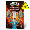 Bud Voyage product graphic shows feminized Hellfire OG cannabis seeds in a test tube against a background of flames and a rainbow with three seeds, a warning about high THC content and other details
