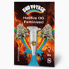 Bud Voyage seed planting: Hellfire OG feminized cannabis seeds in a test tube against a background of flames and a rainbow with three seeds that are light brown and slightly green