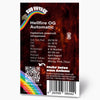 Graphic design by Bud Voyage depicting Hellfire OG Automatic cannabis strain showcasing a vibrant rainbow, a QR code, and a barcode on a dark red background
