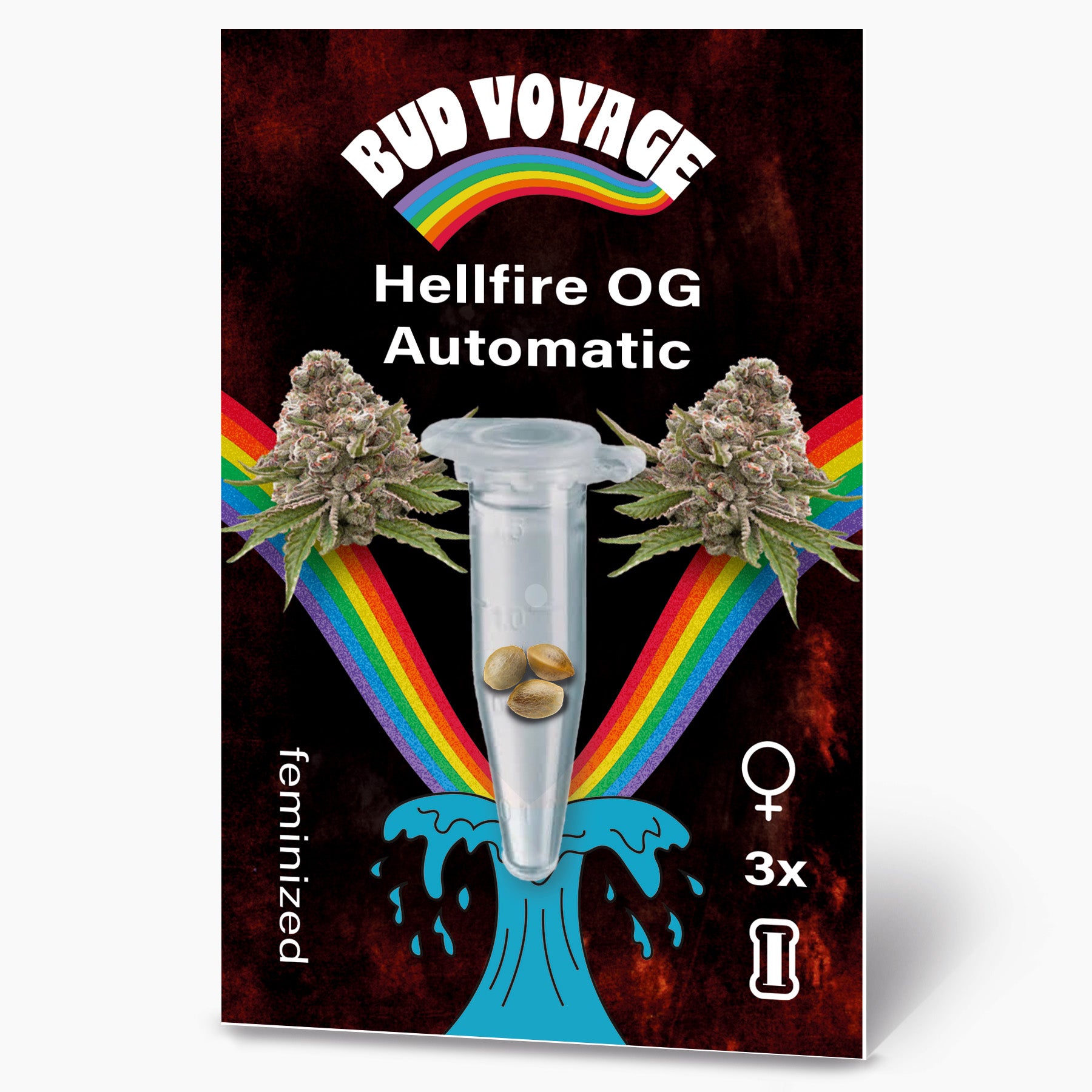 Bud Voyage cannabis seed packaging featuring Hellfire OG Automatic feminized seeds three seeds in a test tube against a vibrant rainbow and dark background with stylized water droplets
