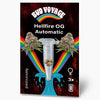 Bud Voyage cannabis seed packaging featuring Hellfire OG Automatic feminized seeds three seeds in a test tube against a vibrant rainbow and dark background with stylized water droplets
