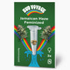 Bud Voyage graphic: Jamaican Haze feminized seeds in a test tube with rainbow and maritime motifs three seeds three female plants green background color