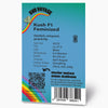 Bud Voyage graphic design: Kush F1 feminized cannabis seed packet with rainbow, QR code and detailed product information text on a blue background
