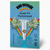 Bud Voyage Kush F1 feminized seed packet features marijuana flowers, three seeds in a glass tube, a rainbow and a waterfall on a blue background
