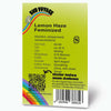Bud Voyage graphic design featuring a rainbow, cannabis bud, and QR code with details on Lemon Haze Feminized cannabis strain including citrus, sweet, and sour flavor notes
