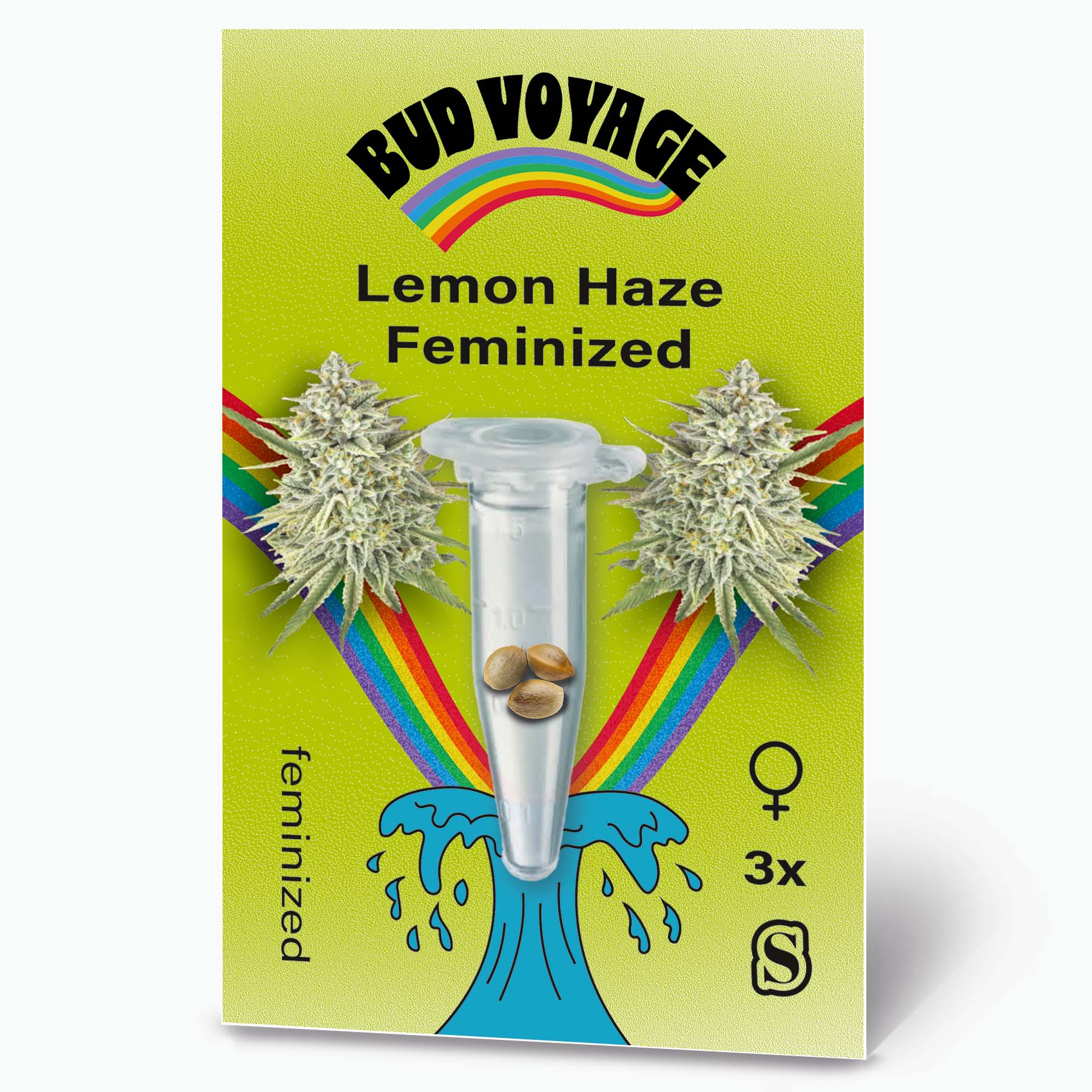 Bud Voyage graphic design, Lemon Haze Feminized cannabis seeds package showing three seeds in a test tube, vibrant rainbow, and stylized water graphic
