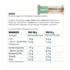 Product photography of Hans Energy Bar Chocolate Chip vegan bar showing nutritional information with brown, green, and white color scheme
