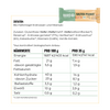 Product shot of a Hans Energy Bar Salted Peanut vegan bar showing nutritional information with green and beige color accents and a soft brown bar
