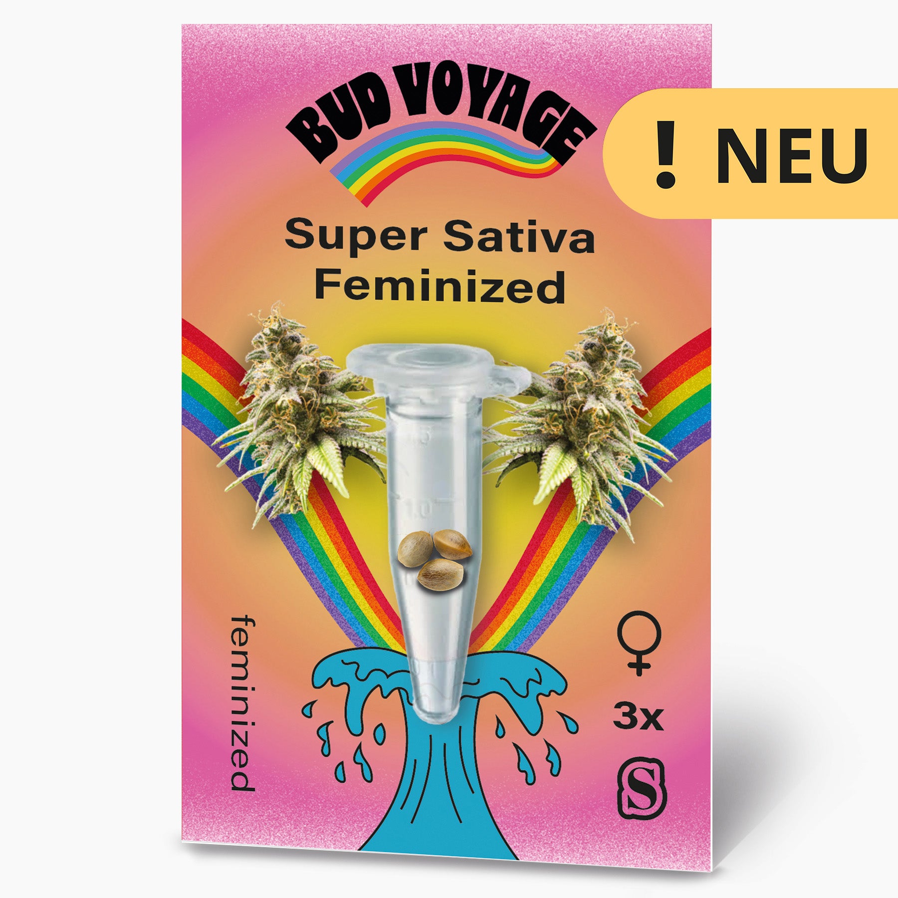 Bud Voyage seed collection: Super Sativa feminized seeds in a micro test tube against a rainbow background with two marijuana flowers and a stylized wave design
