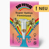 Bud Voyage seed collection: Super Sativa feminized seeds in a micro test tube against a rainbow background with two marijuana flowers and a stylized wave design
