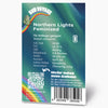 Bud Voyage Produktgrafik: Northern Lights feminisierte Hanfpflanze vor einem Nordlicht-Hintergrund mit Regenbogen, QR-Code und Barcodes, zeigt einen zitrusartigen und erdigen Geschmack
