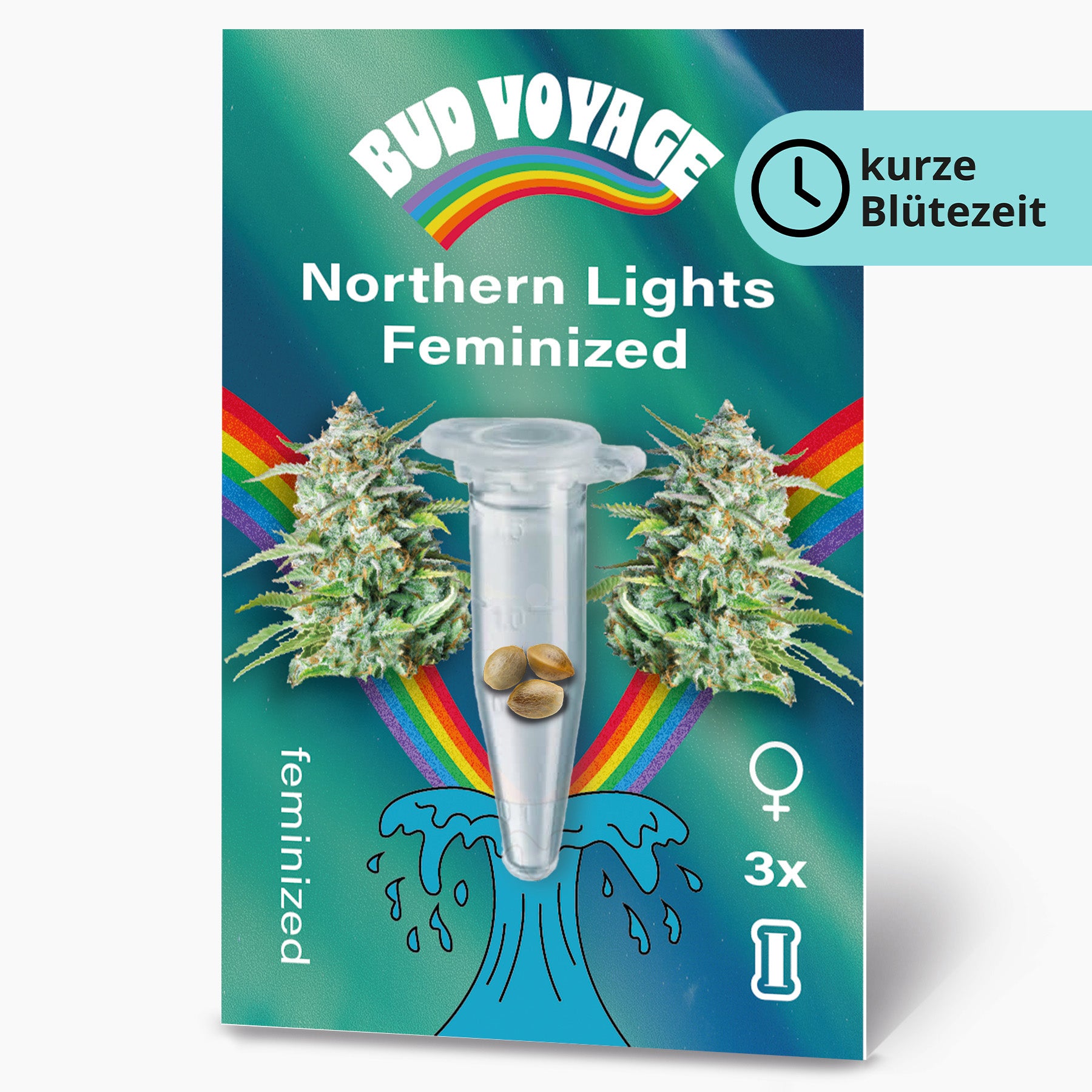 Bud Voyage product graphic: feminized Northern Lights cannabis seeds against the background of a rainbow and northern lights with three seeds in a test tube and stylized waves