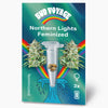 Bud Voyage Grafikdesign: Northern Lights feminisierte Hanfsamen in einer Testtube vor einem Hintergrund mit Nordlichtern und einem Regenbogen drei Samen sind sichtbar
