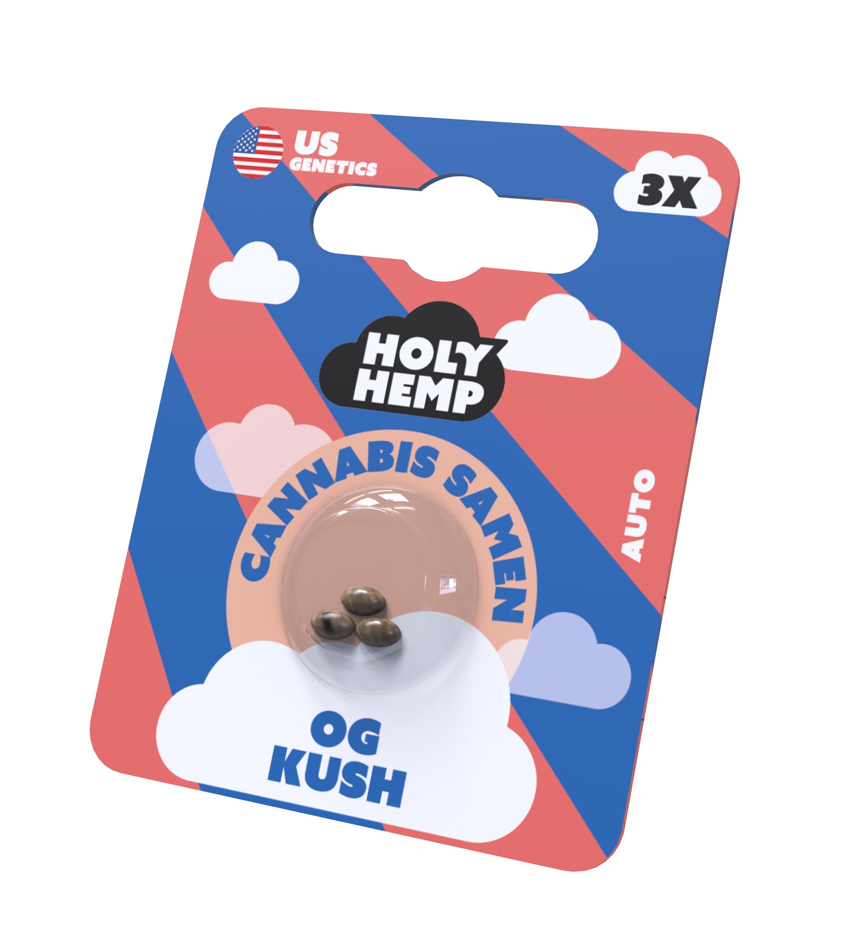 Digital representation of US Genetics: Holy Hemp OG Kush cannabis seeds in a transparent capsule on a pink and blue background with cloud motifs and the imprint 3x
