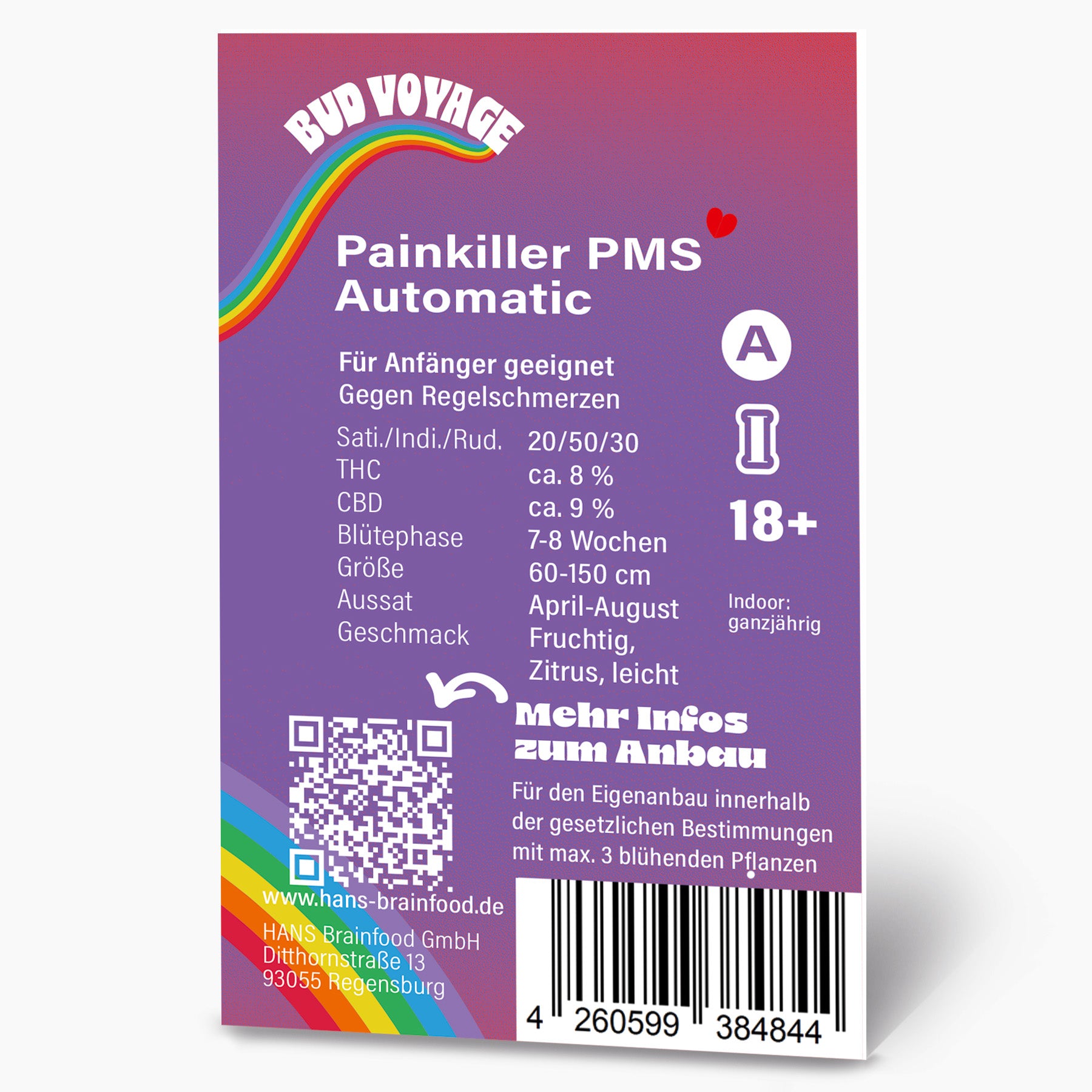 Graphic design by Hans Brainfood GmbH, PainKiller PMS Automatic product label showing a vibrant rainbow, a barcode, and detailed cultivation information including THC and CBD percentages.

