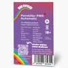 Graphic design by Hans Brainfood GmbH, PainKiller PMS Automatic product label showing a vibrant rainbow, a barcode, and detailed cultivation information including THC and CBD percentages.
