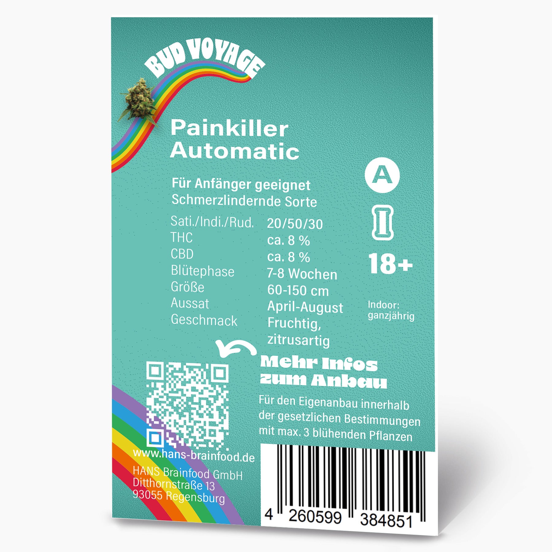 Graphic design featuring a vibrant rainbow, cannabis bud, and product details for Painkiller Automatic seeds, highlighting fruity and citrusy flavors and a 7-8 week flowering period.
