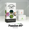 Product photo by Dutch Passion: Passion #1 seed packet, Californian Indica, with images of cannabis flowers and seeds in bright shades of green, purple and orange, Amsterdam
