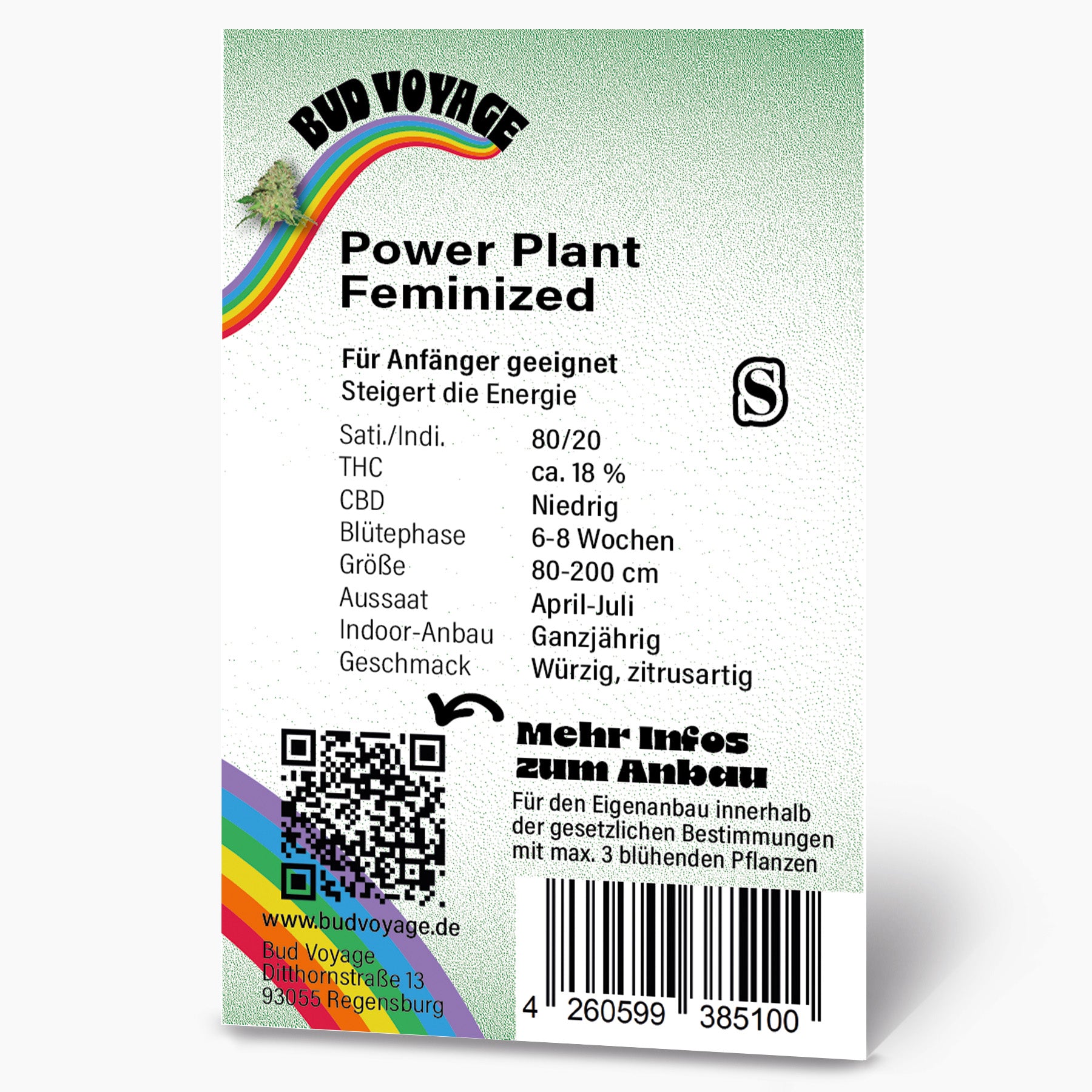 Bud Voyage seed package featuring a vibrant rainbow, a detailed cannabis bud image, and product information including THC and CBD percentages.
