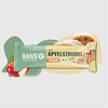 Product shot of Hanso vegan apple strudel soft energy bar featuring a sliced apple, a pastry swirl, and BIO label against a pale background
