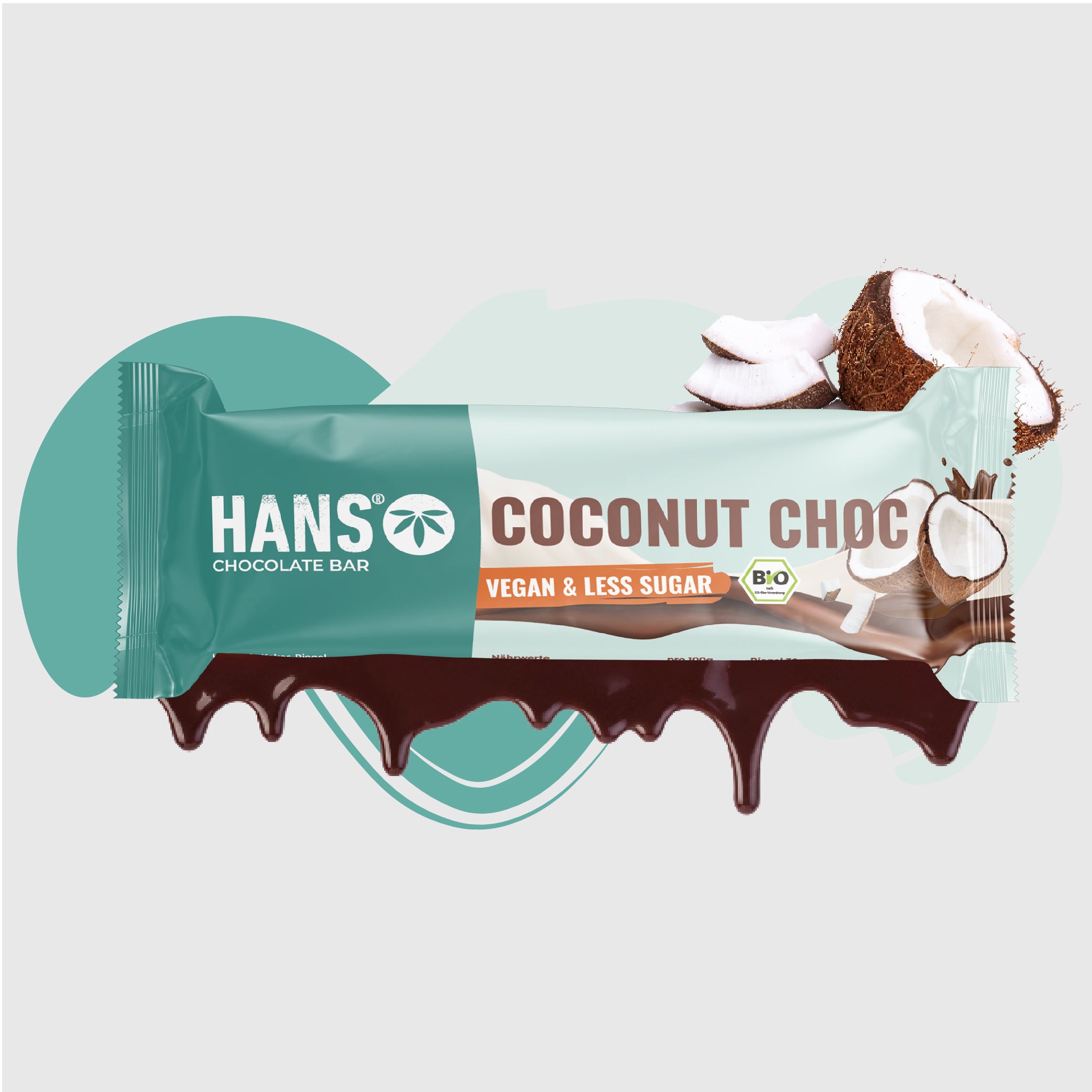 Product image: Hanso coconut chocolate bar, vegan and low in sugar, with dripping dark chocolate, coconut halves and turquoise packaging
