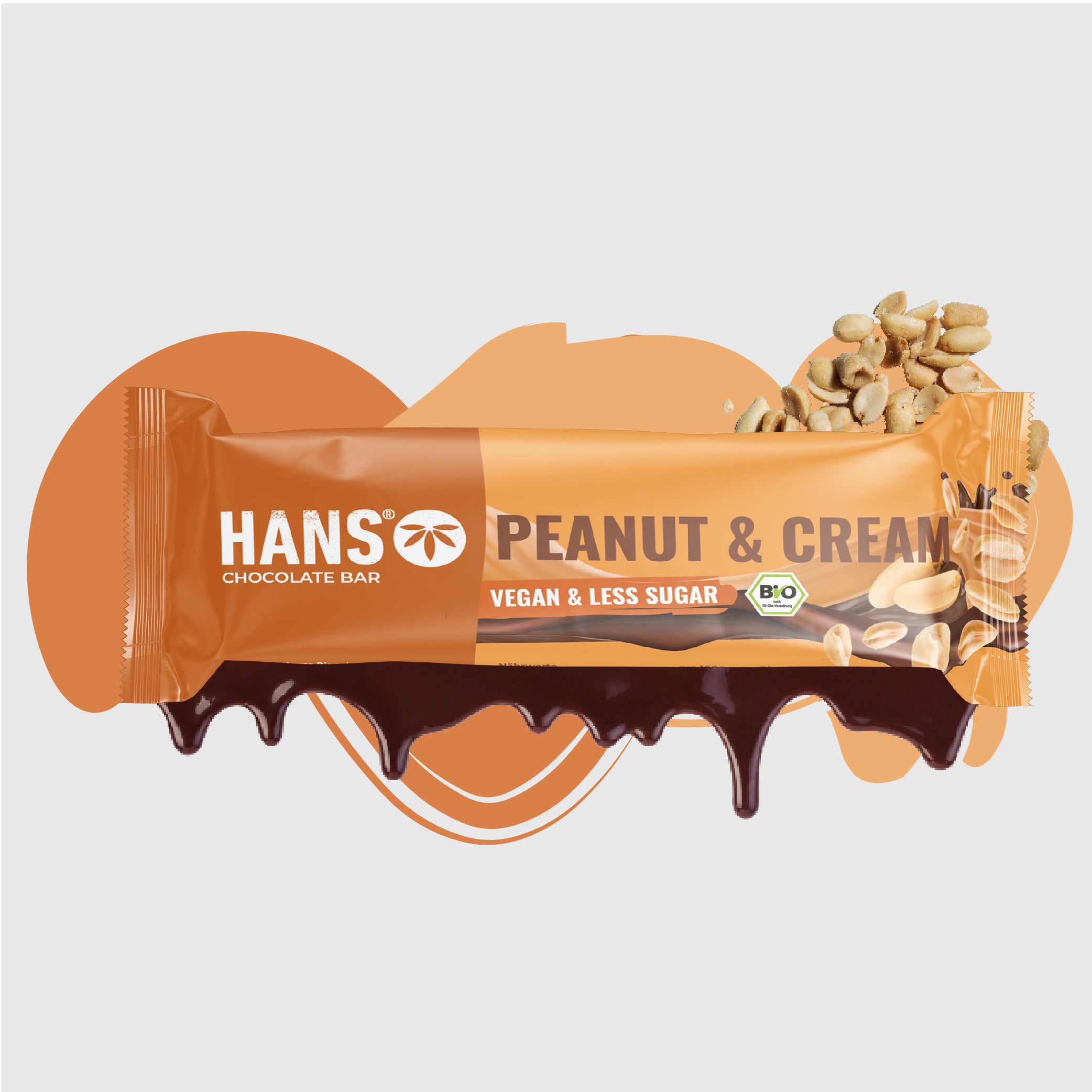 Product image: Hanso peanut cream chocolate bar, vegan and with less sugar, showing melting dark chocolate, scattered peanuts and orange packaging
