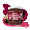 Product photo of Hans' chocolate protein cream, a vegan product with hemp seeds, dark chocolate and a burgundy background
