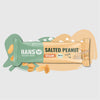 Hans Energy Bar product shot showing a vegan salted peanut bar against a background of pale peach and sage green abstract shapes with scattered peanuts and a visible piece of the bar itself