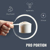 Product shot showing a hand holding a scoop of light beige protein powder with nutritional information including 23g of protein, 6g BCAAs, and 110kcal displayed next to it.
