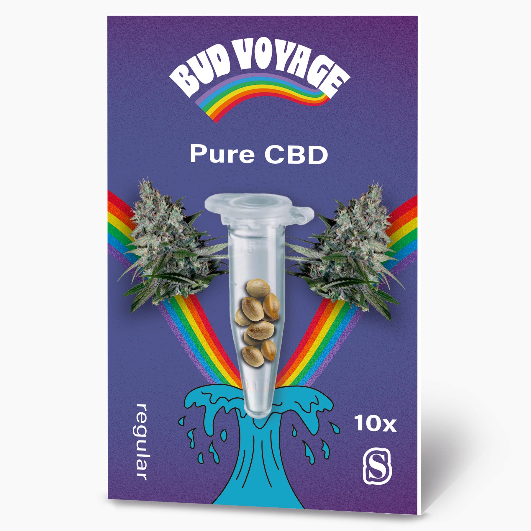 Bud Voyage seed packet: Shows cannabis seeds in a test tube surrounded by two marijuana flowers and a rainbow on a purple background with turquoise wave and dripping water
