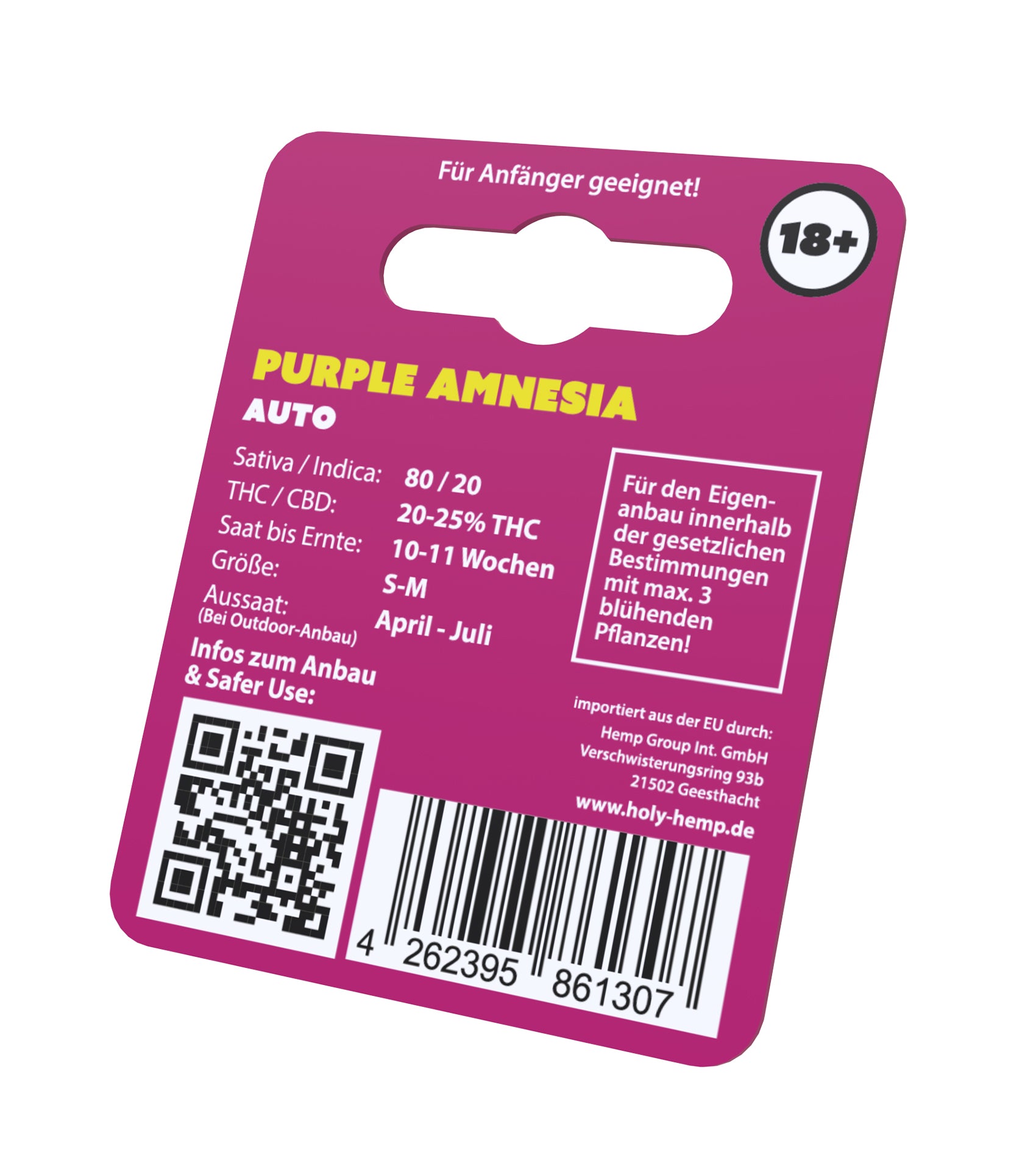 Grafikkarte von Holy Hemp, zeigt Purple Amnesia Auto Hanfsamen, mit QR-Code, Barcode und wichtigen Anbauinformationen in Lila und Gelb

