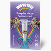 Bud Voyage Purple Haze Feminized cannabis seeds package showing three seeds in a test tube flanked by purple haze buds against a vibrant rainbow and purple background
