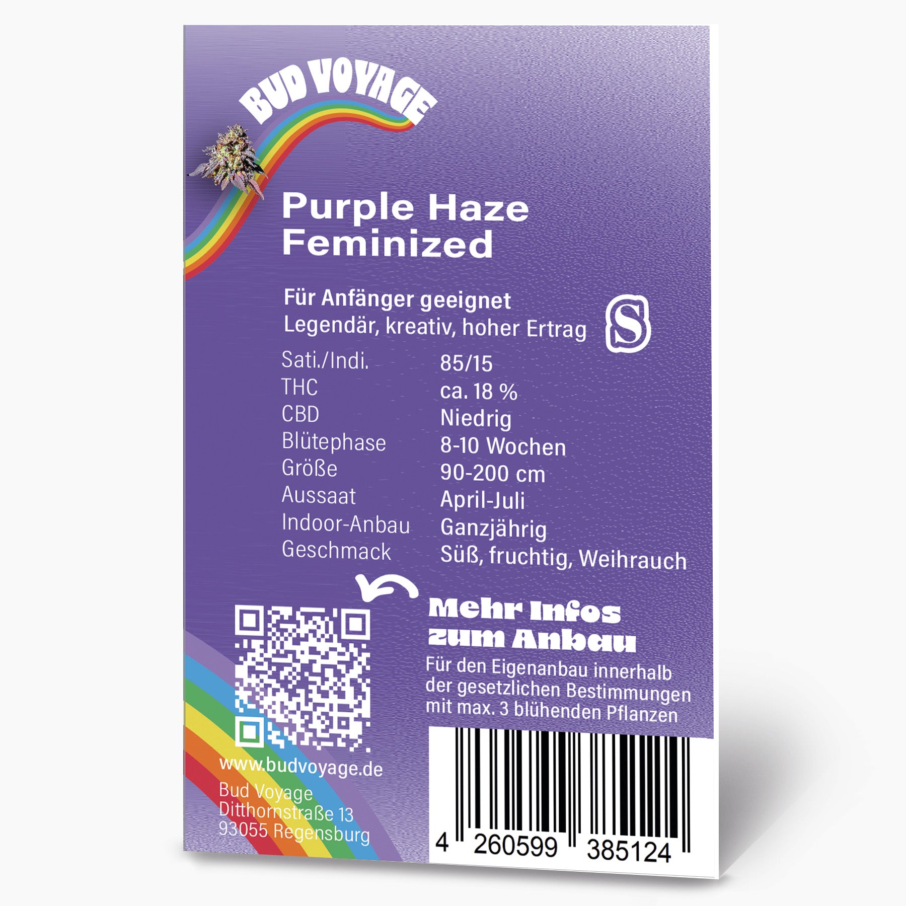 Bud Voyage graphic design featuring a purple haze feminized cannabis bud against a rainbow, showcasing a vibrant purple hue, a detailed bud structure, and a colorful rainbow arc.
