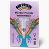 Bud Voyage: Digital illustration shows Purple Punch Automatic cannabis seeds in a test tube over a rainbow and a blue wave with three feminized seeds on a purple background