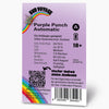 Graphic design by Bud Voyage depicting Purple Punch Automatic cannabis strain with a rainbow, QR code, and barcode on a lavender background
