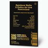 Graphic design by Bud Voyage, product information for Rainbow Belts x Dulce de Uva feminized cannabis seeds, showing QR code, barcode and detailed plant information in gold on a black background.
